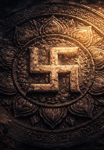 Ancient swastika symbol carved into Hindu temple stone showing traditional sacred use before modern appropriation