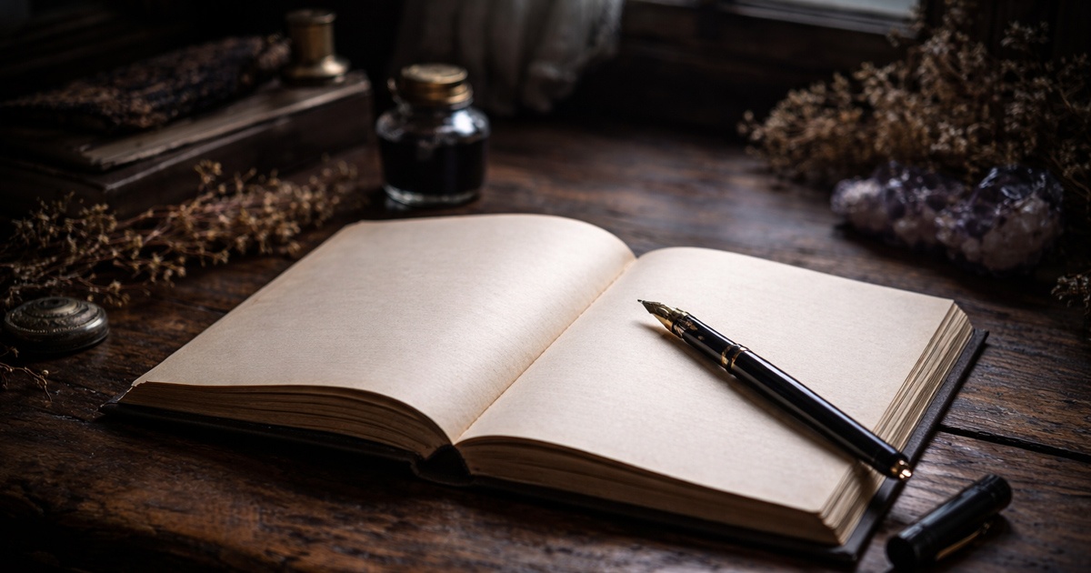 Open blank journal and fountain pen on an aged wooden desk in soft light, reflecting Crystal Ball Scrying Methods through contemplative ritual practice.