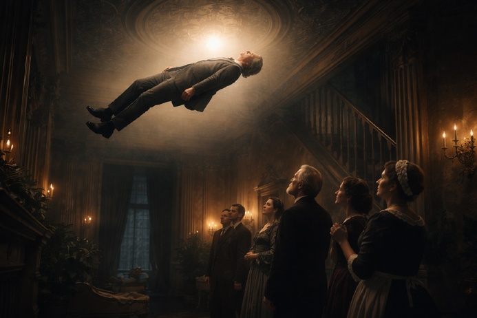 Daniel Dunglas Home levitating horizontally toward the ceiling of a candlelit 1860s mansion as onlookers below stare in astonishment.