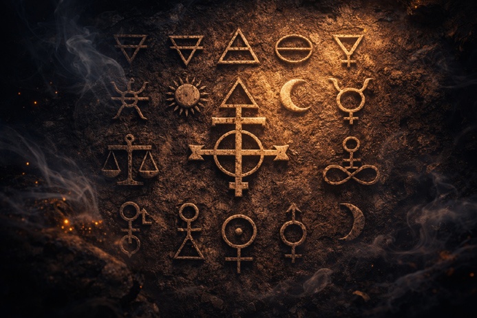 Medieval alchemical manuscript page showing esoteric symbols that have lost original meaning in modern usage