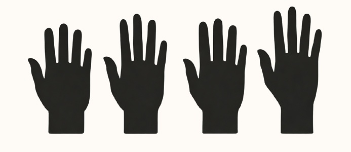 Four hand silhouettes illustrating hand shape classifications used in palmistry methods