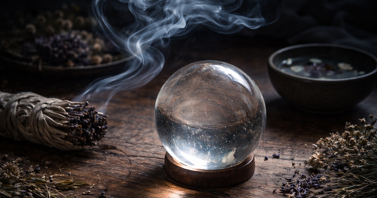 White sage smoke drifting over a clear quartz sphere on a wooden surface, representing Crystal Ball Scrying Methods in a calm cleansing ritual.