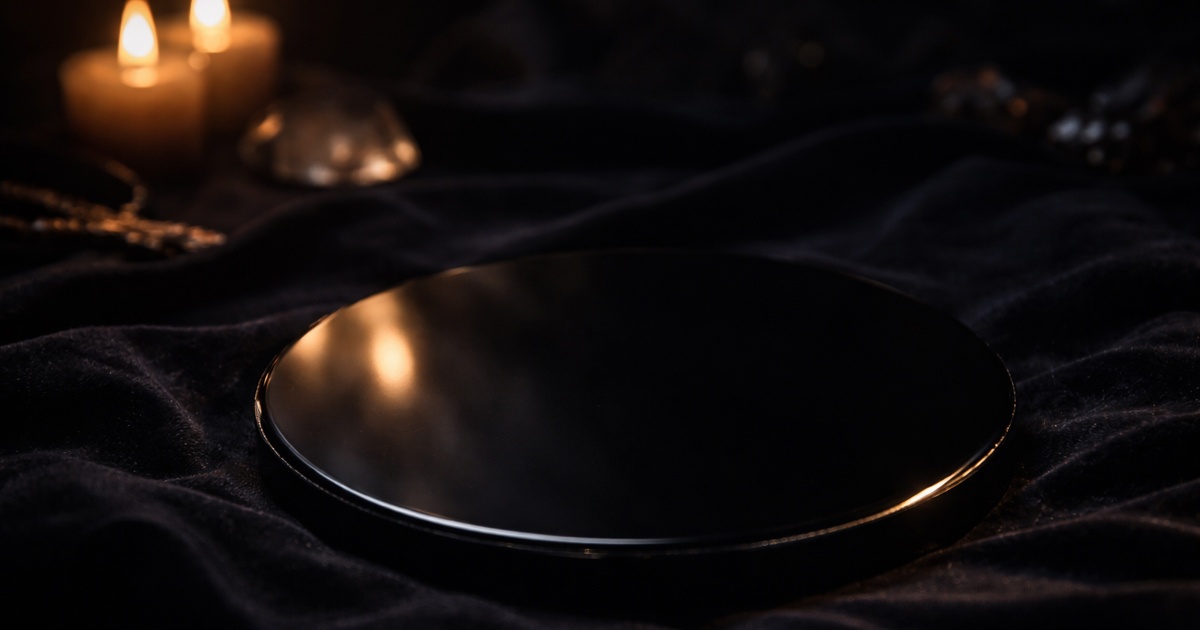 Polished black obsidian scrying mirror on dark velvet with candlelight reflections illustrating Crystal Ball Scrying Methods.