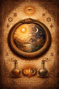 Serpents as symbols represented by an Ouroboros encircling a cosmic scene within an aged alchemical manuscript, rendered in dark gold and shadowed tones.
