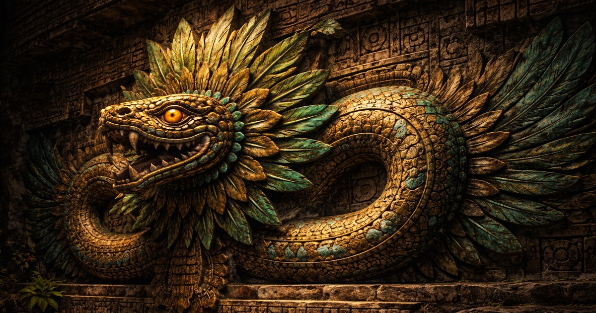 Serpents as symbols carved into stone through a feathered serpent temple relief, shown in deep shadow with muted gold and jade tones.