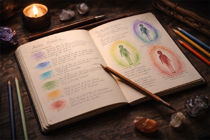 Notebook and sketches documenting aura reading practices in an intimate study setting.