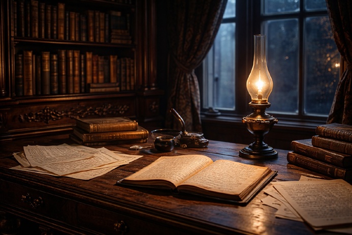 A Victorian writing desk with open journal and scattered papers evoking the historical roots of Automatic Writing Traditions
