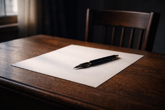 A simple writing surface with pen and paper prepared for a psychic automatic writing session