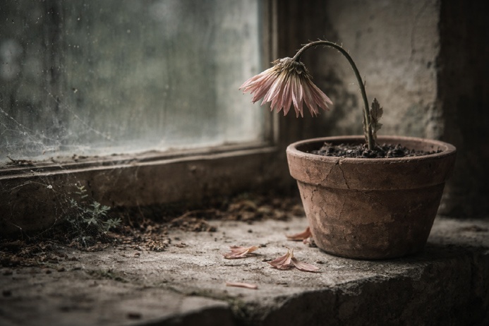 The Empress Tarot Card Meaning reversed suggested by a wilting flower in cracked soil under flat overcast light
