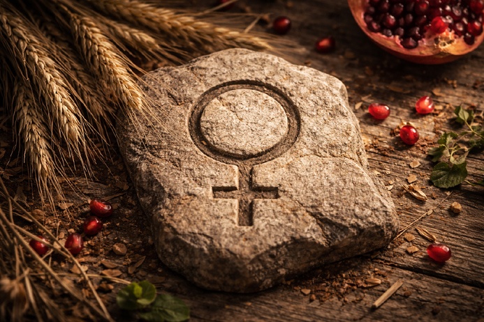 The Empress Tarot Card Meaning symbolized through a carved Venus symbol resting among wheat stalks and pomegranate seeds