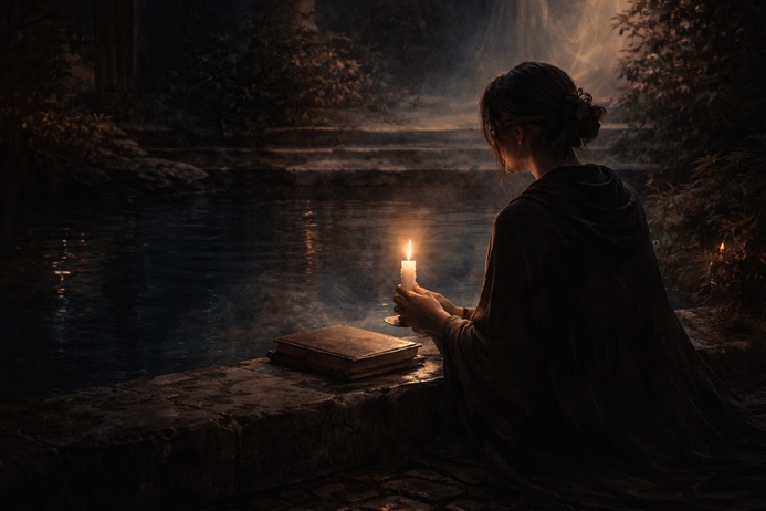The High Priestess Tarot Card Meaning in context shown through a solitary candlelit figure in quiet interior reflection