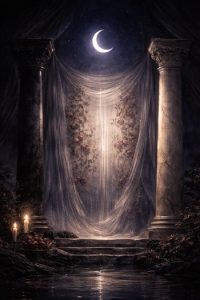 The High Priestess Tarot Card Meaning symbolism shown through twin pillars, pomegranate veil, and crescent moon details