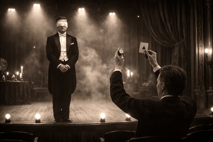 Stage Psychics demonstrating two-person telepathy act with blindfolded performer and audience assistant in early theater setting