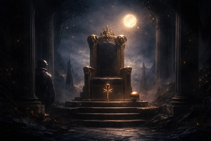 The Emperor Tarot Card Meaning represented by a golden throne beneath a moonlit sky in a dark symbolic landscape