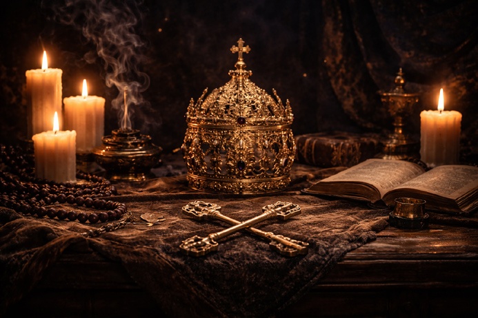 The Hierophant Tarot Card Meaning shown in a dark candlelit ritual setting with traditional papal crown and crossed keys
