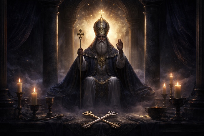 The Hierophant Tarot Card Meaning represented by a robed spiritual authority seated in a candlelit temple with triple crown and sacred keys