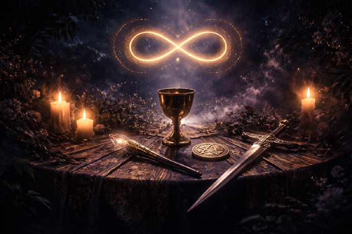 The Magician Tarot Card Meaning shown through the four elemental tools including wand, cup, sword, and pentacle arranged on a dark surface