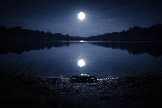 A full moon reflected in still water with a crab silhouette at the shore, capturing Cancer symbolism and lunar cycle meaning
