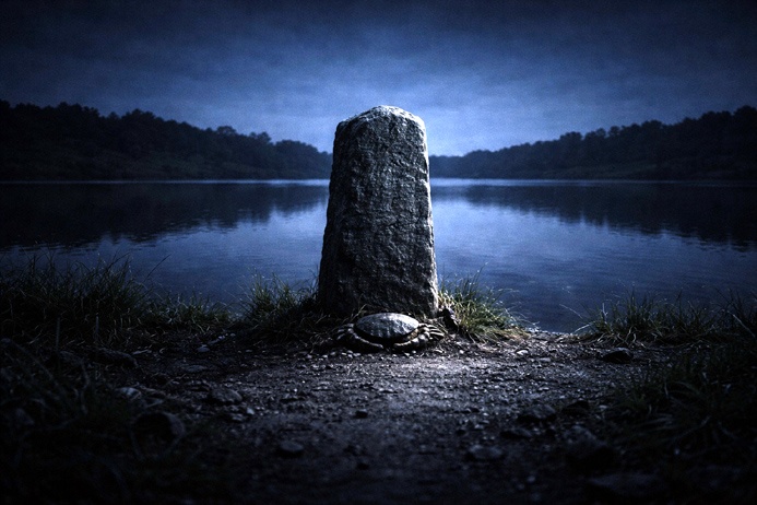 An ancient stone marker at the edge of still water at night, reflecting Cancer symbolism of lineage and enduring memory