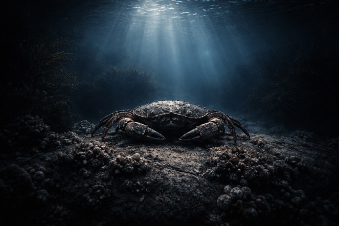 An ancient crab moving across a submerged stone surface, evoking Cancer symbolism and the depth of the Water element
