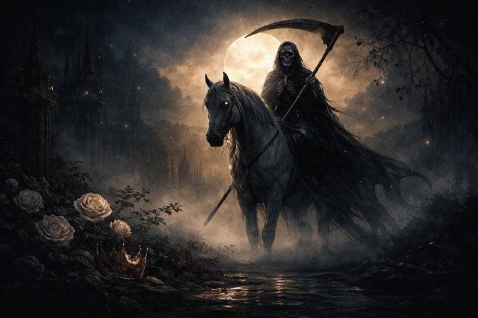 Death Tarot Card Meaning symbolized by skeletal rider on a pale horse beneath a moonlit sky