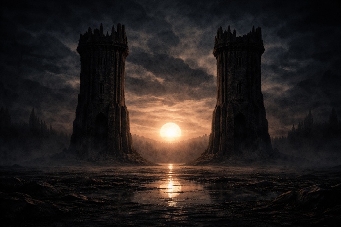 Death Tarot Card Meaning illustrated by two stone towers framing a low sun at the threshold between states