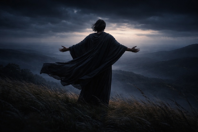A robed figure stands on a windswept hilltop representing Gemini symbolism and the Air element in metaphysical tradition