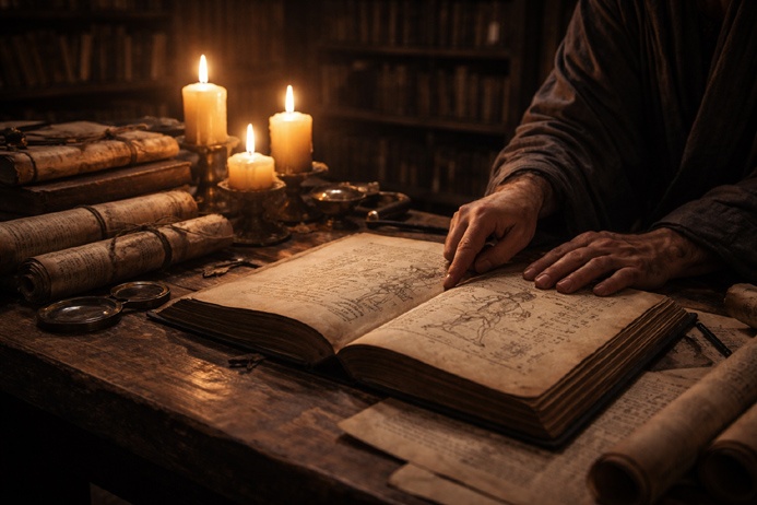 Scholar hands rest on an ancient manuscript diagram of twin figures illustrating Gemini symbolism in historical metaphysical texts