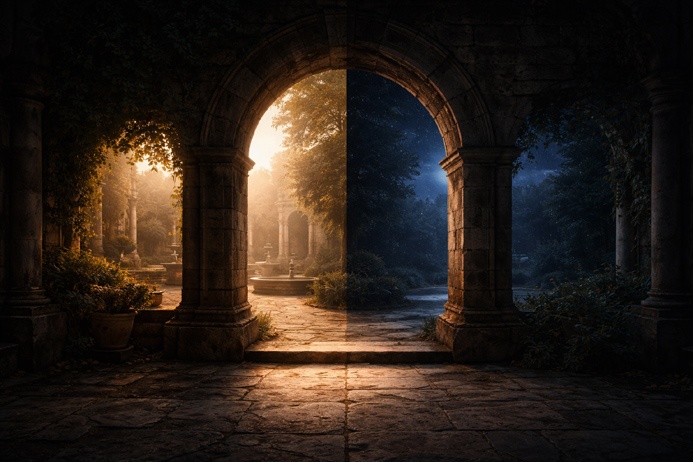 A stone archway opening between two worlds embodies the threshold duality at the heart of Gemini symbolism