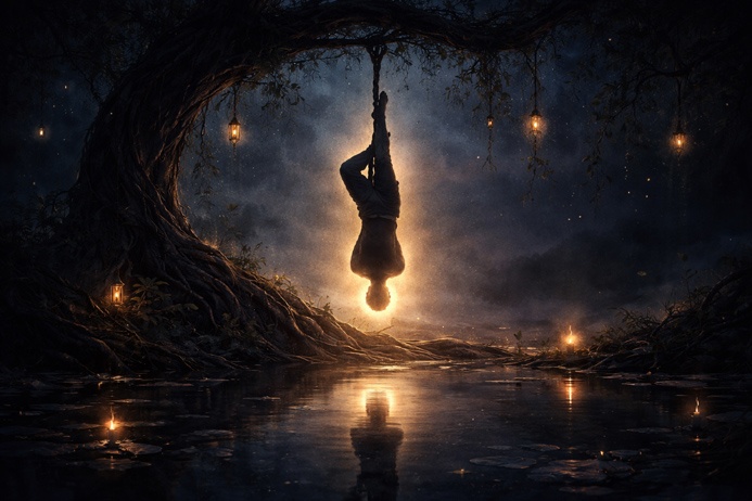 The Hanged Man Tarot Card Meaning depicted through a calm figure suspended upside down from an ancient tree in a quiet forest