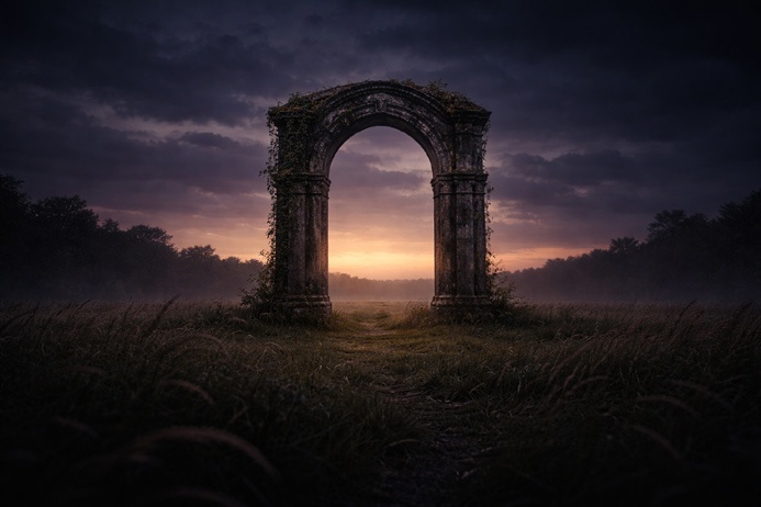 The Hanged Man Tarot Card Meaning reflected through a solitary stone archway at dusk representing threshold and transformation in the spiritual journey of the Major Arcana