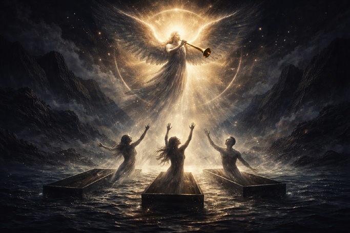 Judgement Tarot Card Meaning depicted by angelic awakening and rising figures under midnight sky