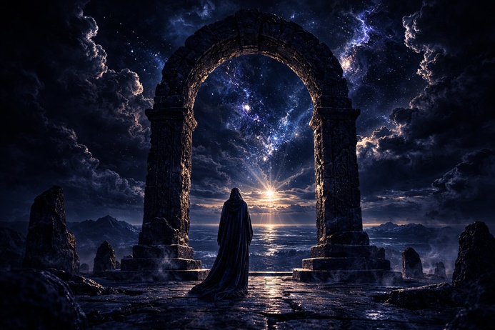 Judgement Tarot Card Meaning as final threshold in the Major Arcana shown by a robed figure before a stone archway at night