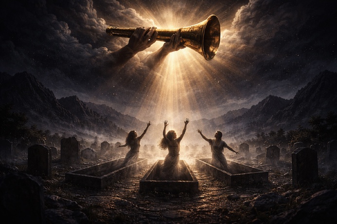Judgement Tarot Card Meaning shown through trumpet and rising figures emerging from stone graves beneath a midnight sky
