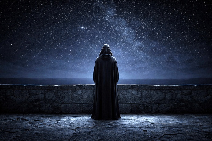 Robed figure standing at stone parapet under night sky representing Leo identity symbolism