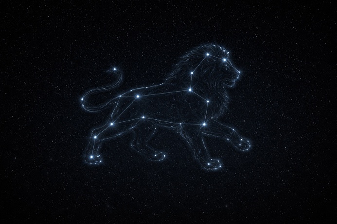 Leo constellation mapped in cold blue-white stars against deep black sky representing Leo symbolism