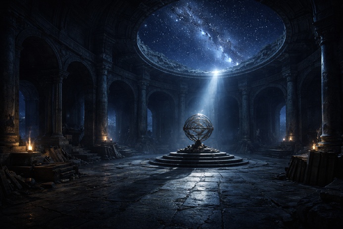 The Chariot Tarot Card Meaning connected to spiritual journey symbolism through celestial light inside ancient stone architecture
