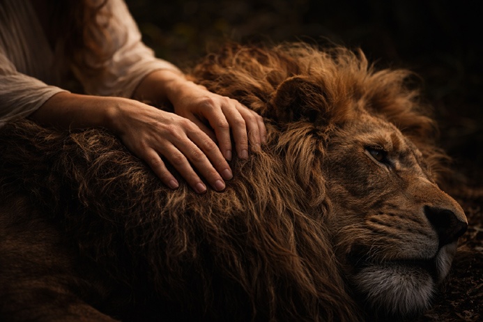 The Strength Tarot Card Meaning illustrated by calm human hands resting gently against a lion's mane in low warm light