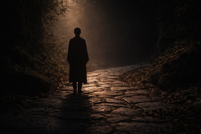 The Strength Tarot Card Meaning reflected in a solitary figure standing at the threshold of an inward stone path in dim contemplative light