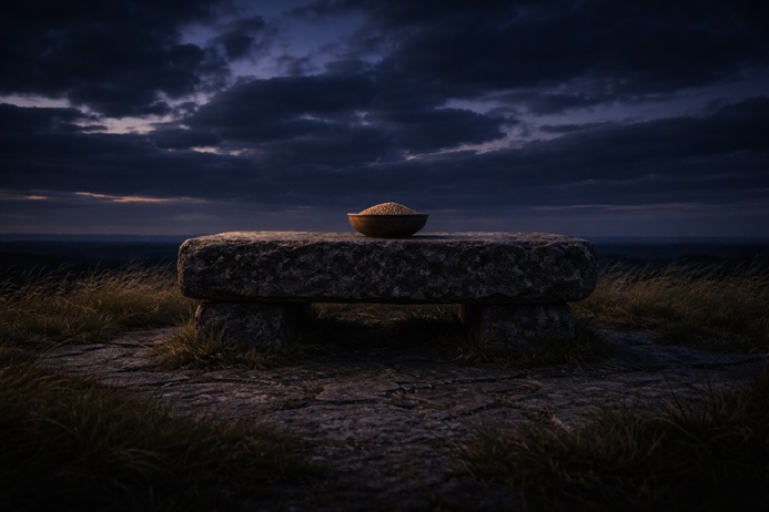 Ancient stone altar with grain bowl representing the Taurus archetype of value and endurance
