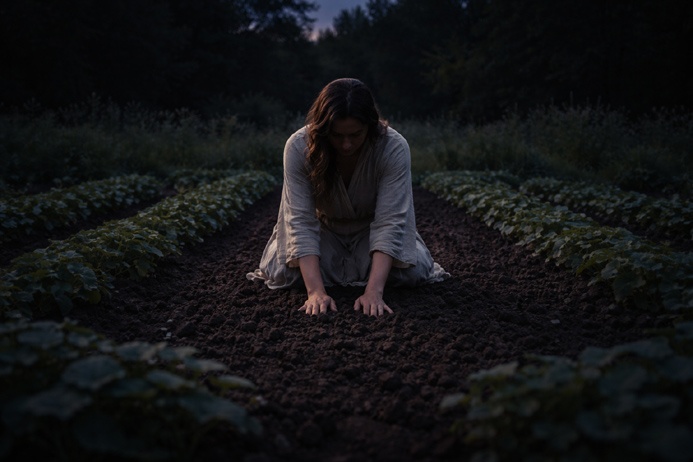 Woman pressing hands into soil representing Taurus earth element symbolismTitle attribute: Taurus Earth Element Symbolism