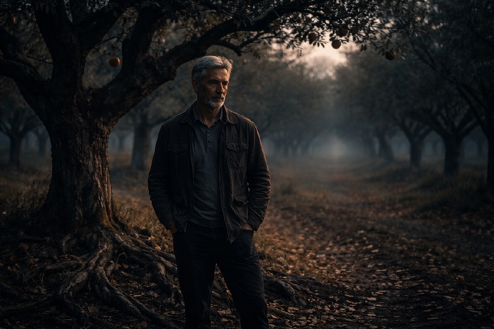 Man resting by ancient fruit tree representing Taurus identity in cosmological symbolism