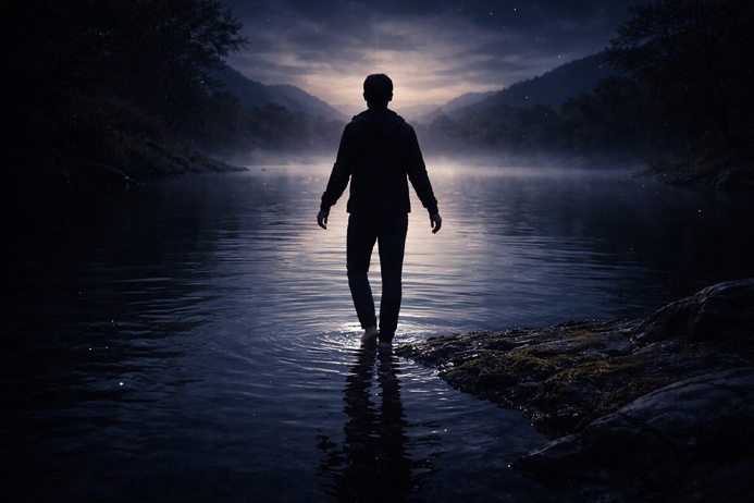 Temperance Tarot Card Meaning depicted by a lone figure standing where still water meets solid ground at night.