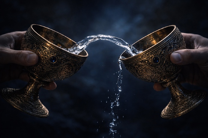 Temperance Tarot Card Meaning shown through two ornate golden cups with water flowing between them in balance.