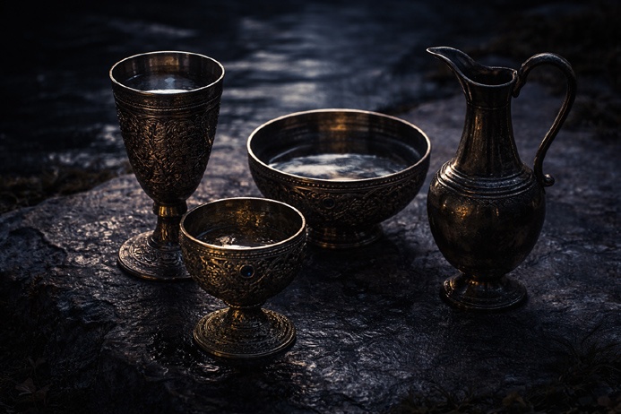 Temperance Tarot Card Meaning reflected in varied ornate vessels showing how symbolism shifts across different traditions.