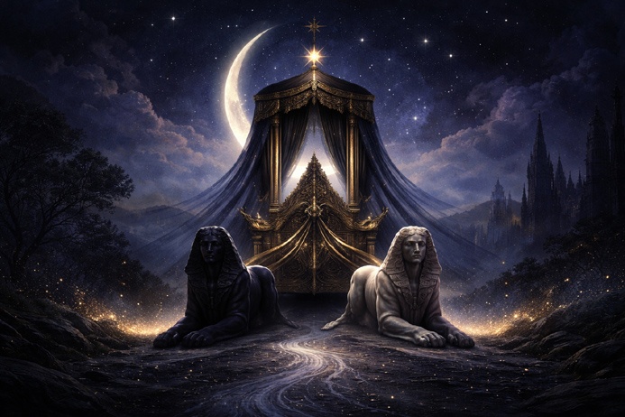 The Chariot Tarot Card Meaning symbolized by controlled motion, opposing forces, and architectural structure in a dark nocturnal setting