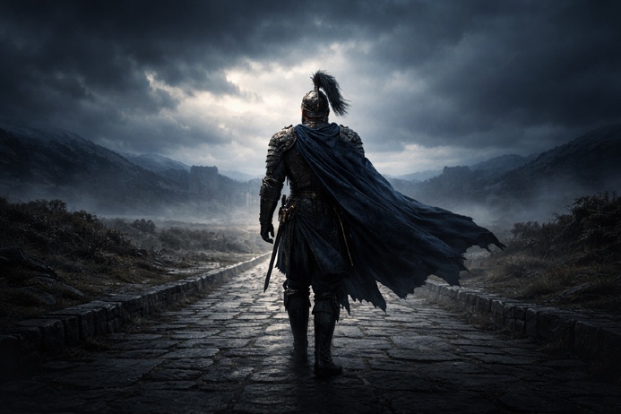The Chariot Tarot Card Meaning illustrated through a solitary armored figure moving forward on an ancient stone road
