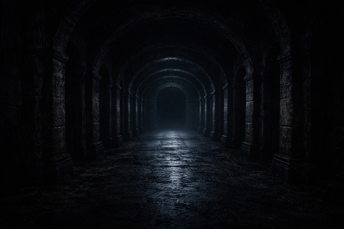 The Devil Tarot Card Meaning as fifteenth Major Arcana card shown through a vaulted corridor with darkened alcoves