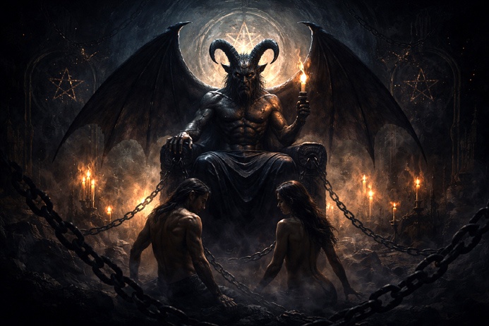 The Devil Tarot Card Meaning shown through symbolic chained figures beneath a horned archetype in dark Major Arcana imagery