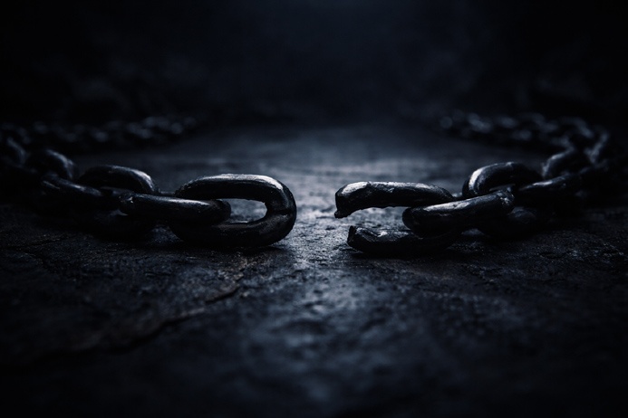 The Devil Tarot Card Meaning reversed shown through a broken chain link on a dark stone surface
